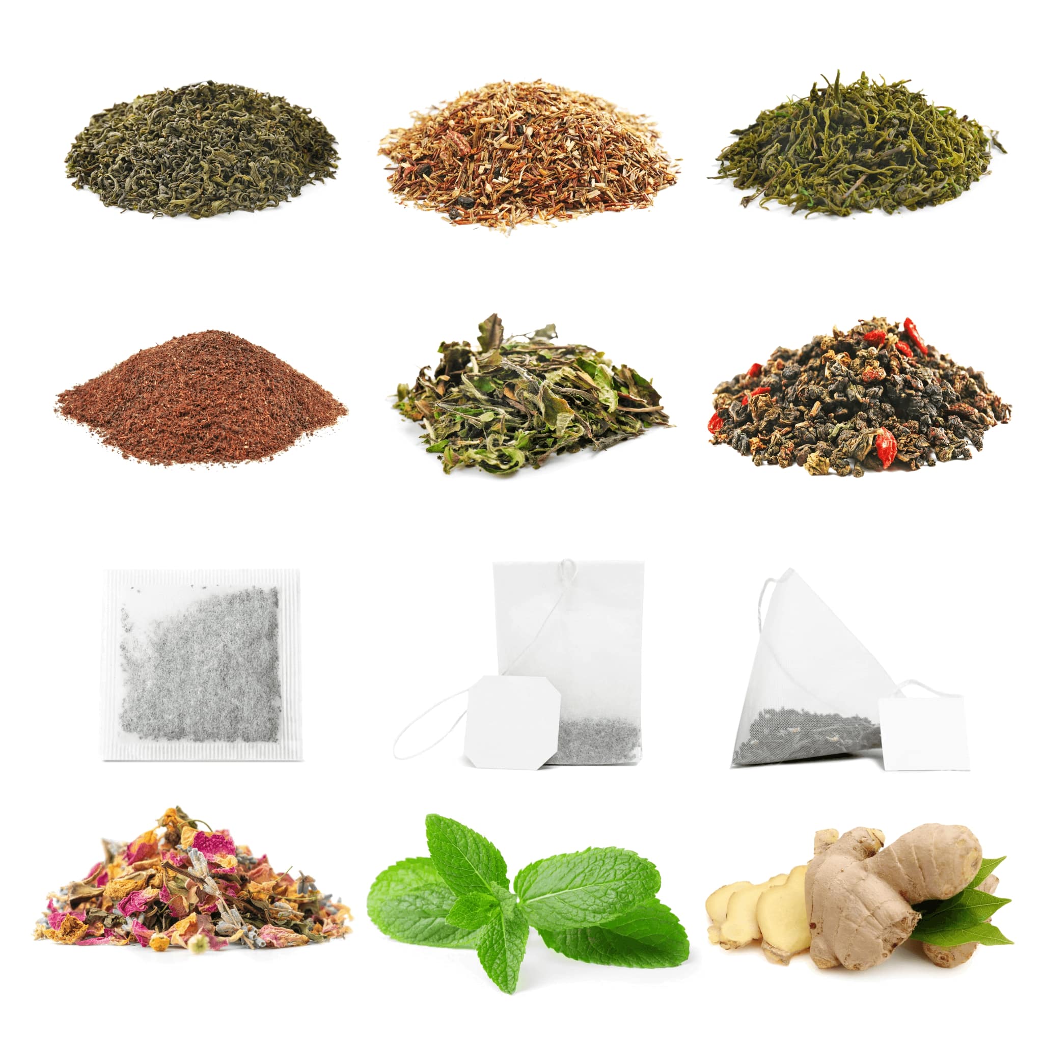 Lineup in a 3x4 grid of different types of loose leaf tea, tea bags and fresh herbs