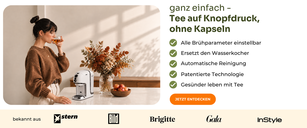 Testsieger Teemaschinen Testvergleich.de 2025: BRU Teemaschine: Tee auf Knopfdruck ohne Kapseln, alle Brühparameter einstellbar, ersetzt den Wasserkocher, automatische Reinigung, patentierte Technologie, gesünder leben mit Tee. Nur diese Woche 50 € Teegutschein geschenkt. Bekannt aus stern, Bild, Brigitte, Gala und InStyle.