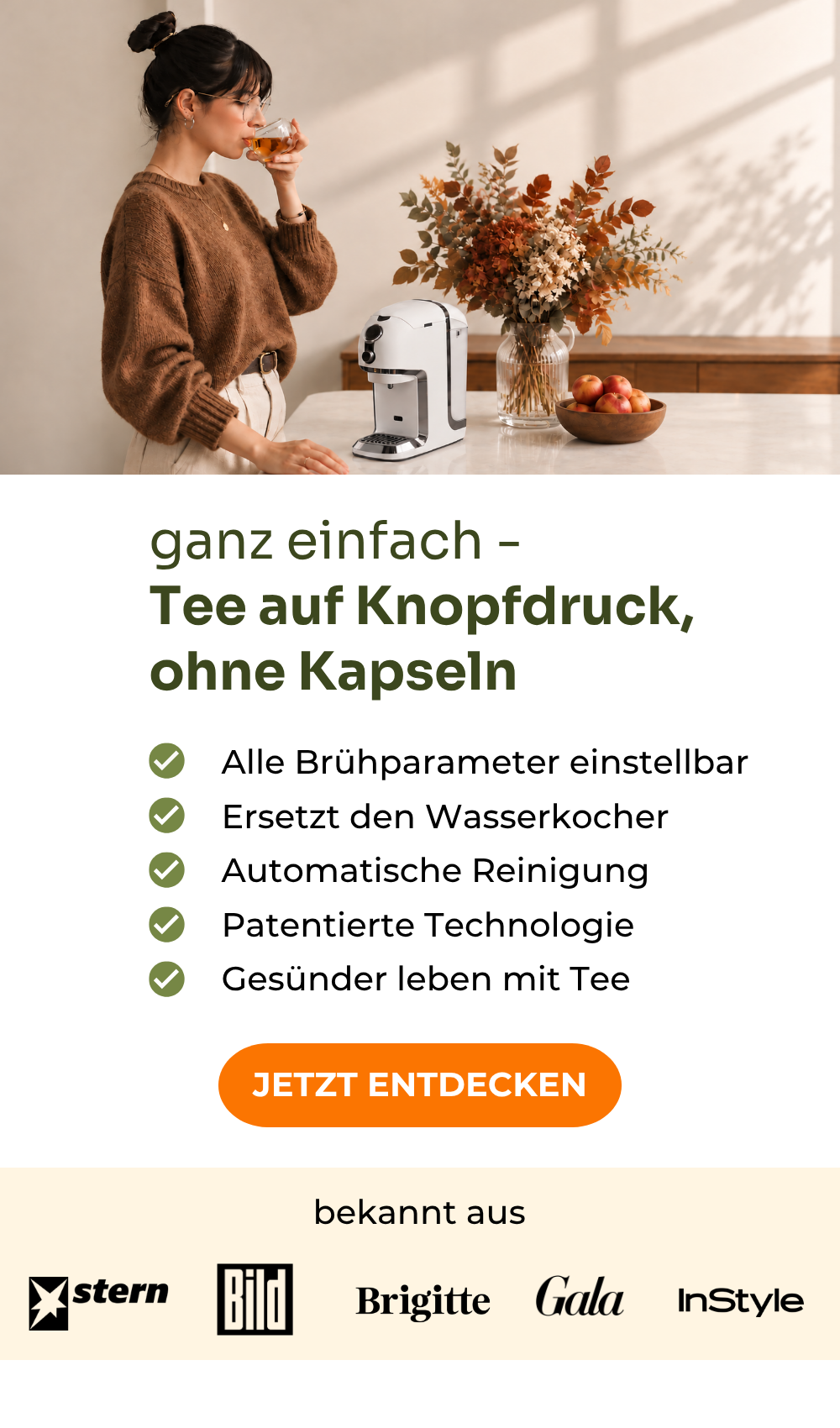 Testsieger Teemaschinen Testvergleich.de 2025: BRU Teemaschine: Tee auf Knopfdruck ohne Kapseln, alle Brühparameter einstellbar, ersetzt den Wasserkocher, automatische Reinigung, patentierte Technologie, gesünder leben mit Tee. Nur diese Woche 50 € Teegutschein geschenkt. Bekannt aus stern, Bild, Brigitte, Gala und InStyle.