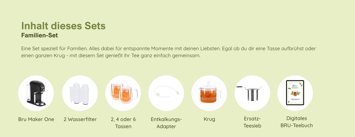 Inhalt des Familien-Sets: BRU Maker One, 2 Wasserfilter, 2, 4 oder 6 Tassen, Entkalkungs-Adapter und Krug