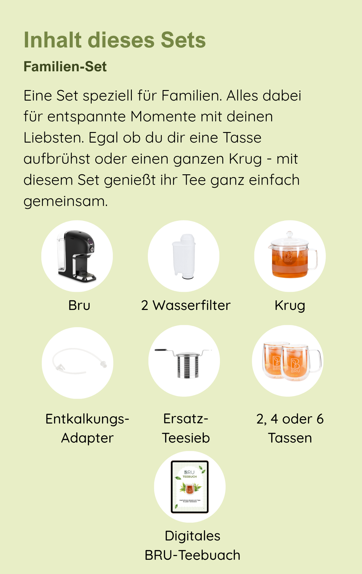 Inhalt des Familien-Sets: BRU Maker One, 2 Wasserfilter, 2, 4 oder 6 Tassen, Entkalkungs-Adapter und Krug