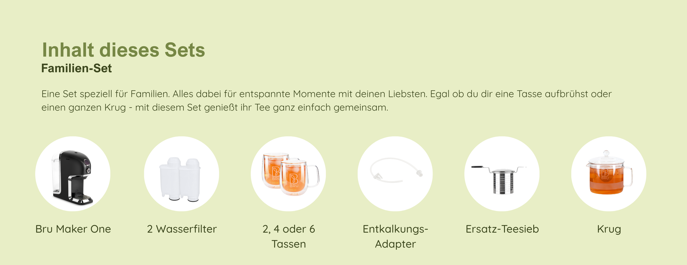 Inhalt des Familien-Sets: BRU Maker One, 2 Wasserfilter, 2, 4 oder 6 Tassen, Entkalkungs-Adapter und Krug