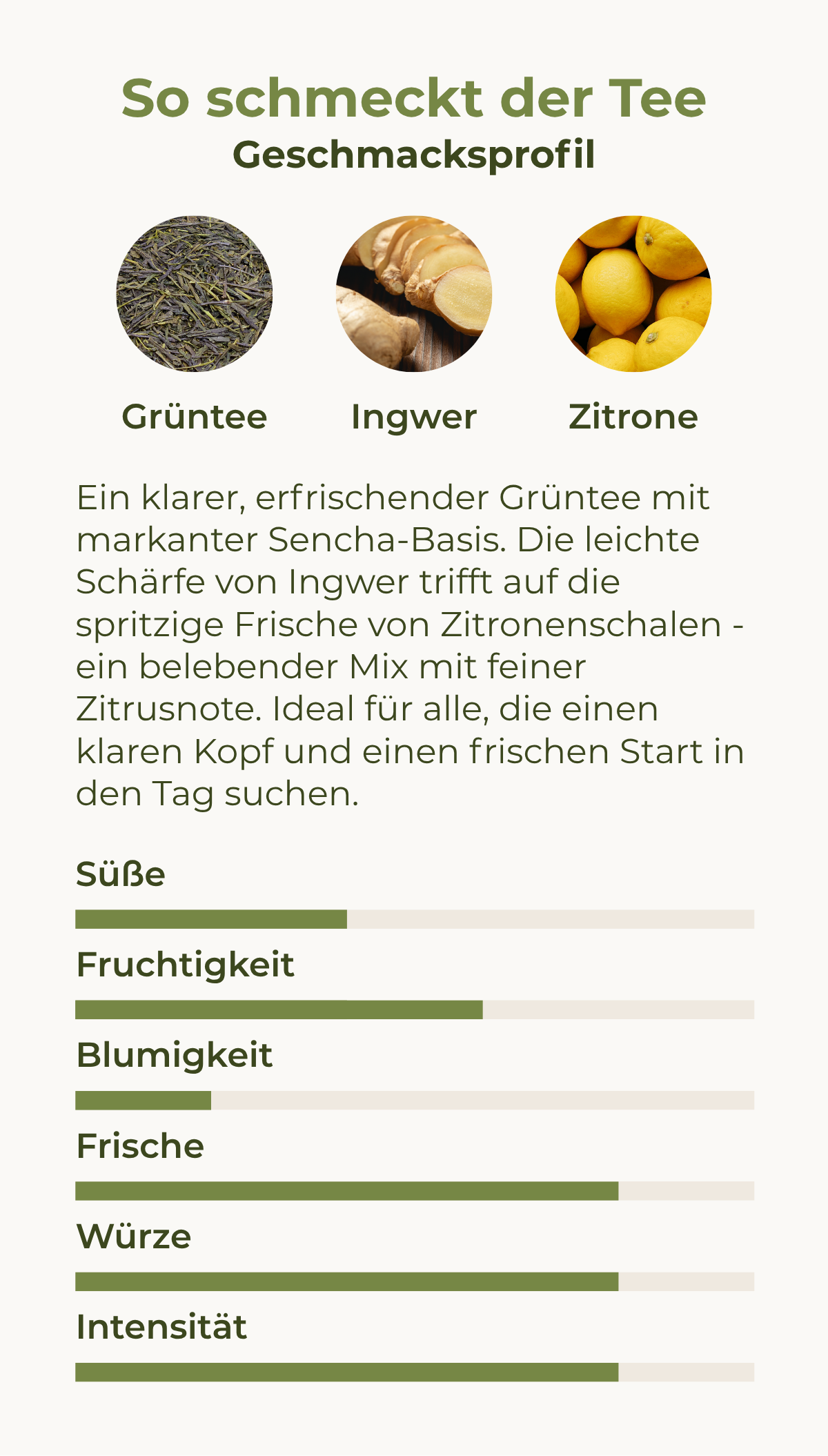 Geschmacksprofil des Wach-Tees Grüner Kick mit Grüntee, Ingwer und Zitrone