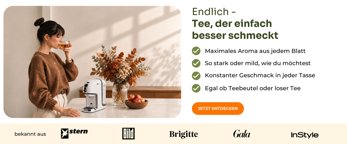 Frau bereitet Tee mit der BRU Teemaschine zu