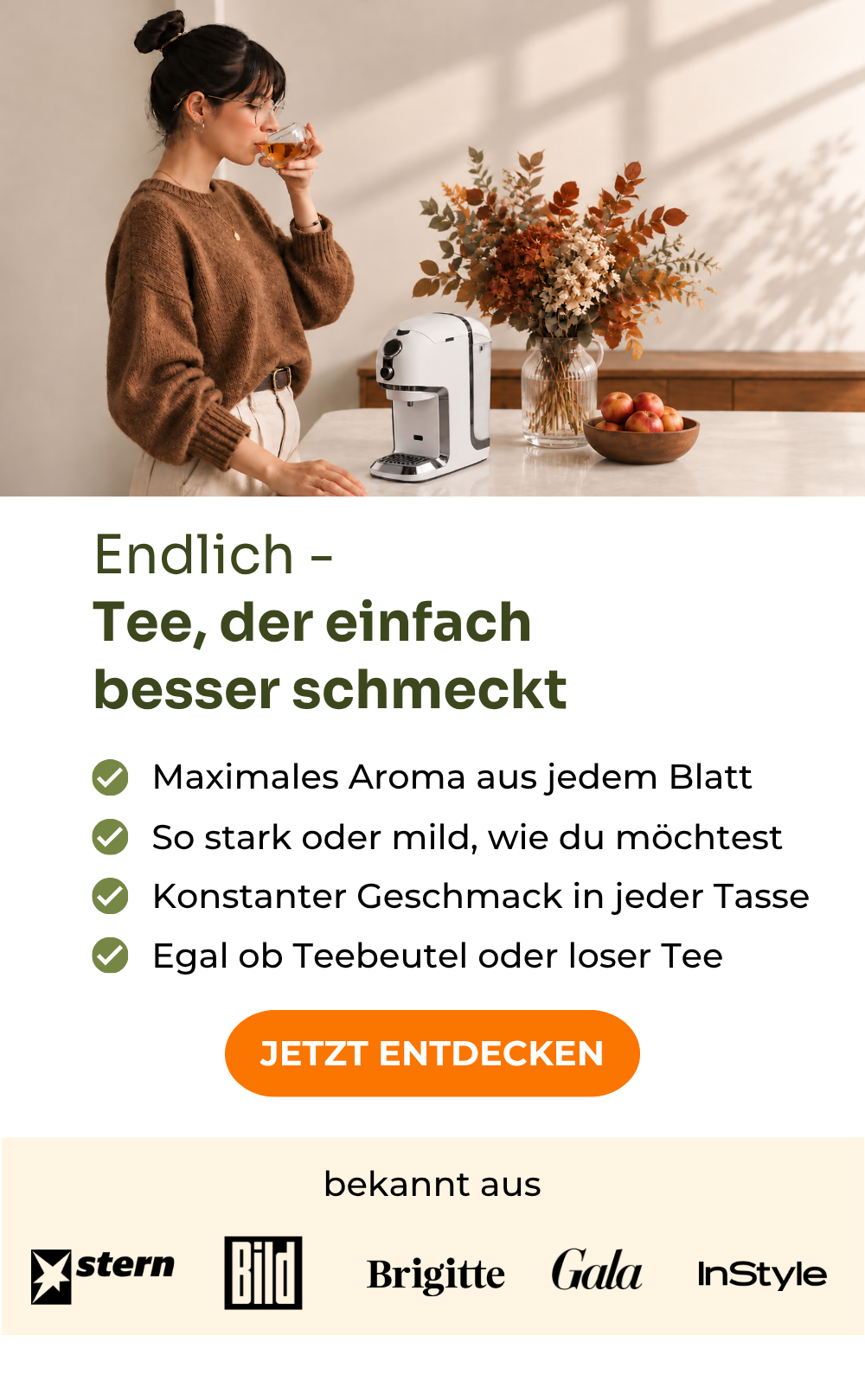 Frau bereitet Tee mit der BRU Teemaschine zu