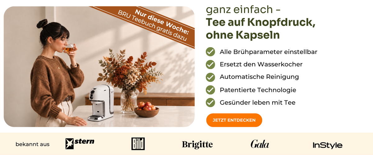 Testsieger Teemaschinen Testvergleich.de 2025: BRU Teemaschine: Tee auf Knopfdruck ohne Kapseln, alle Brühparameter einstellbar, ersetzt den Wasserkocher, automatische Reinigung, patentierte Technologie, gesünder leben mit Tee. Nur diese Woche 50 € Teegutschein geschenkt. Bekannt aus stern, Bild, Brigitte, Gala und InStyle.