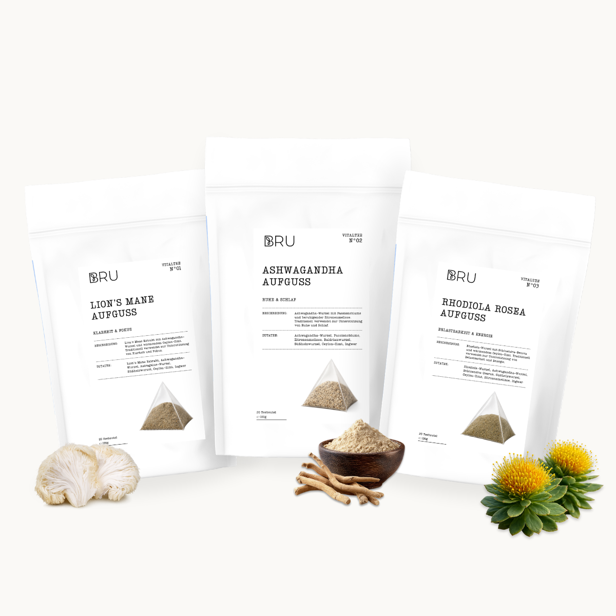 Vitaltees Kollektion – Lion's Mane, Ashwagandha und Rhodiola Aufguss von BRU