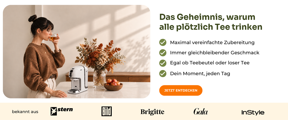 Frau bereitet Tee mit der BRU Teemaschine zu