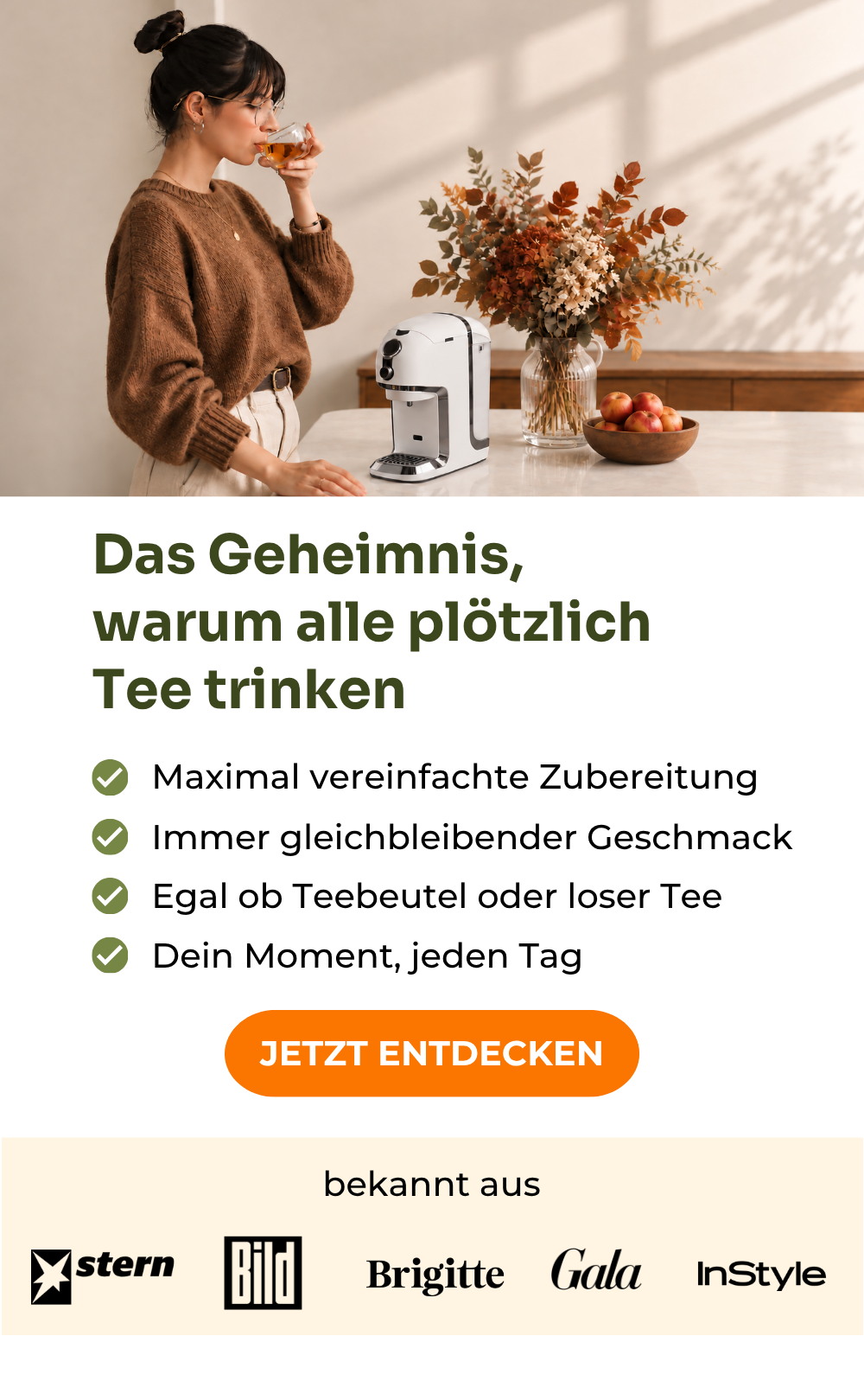 Frau bereitet Tee mit der BRU Teemaschine zu