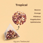 Früchtetee Tropical mit Beeren, Orange, Hibiskus, Hagebutten und Apfelstücken, 6 g pro Pyramiden-Teebeutel