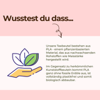 BRU Teebeutel bestehen aus PLA, einem pflanzenbasierten Material aus nachwachsenden Rohstoffen wie Maisstärke, ohne fossile Erdöle, plastikfrei und biologisch abbaubar, Infografik zum Früchtetee Tropical