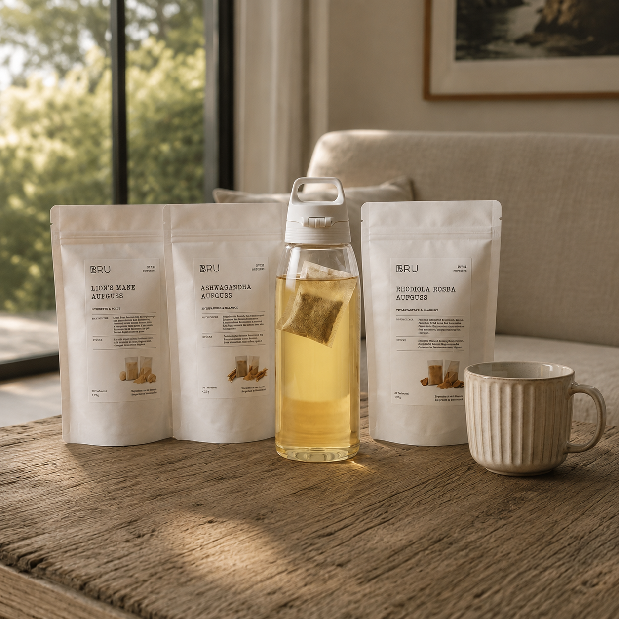 Die drei Vital Pads Vitaldrinks auf einem Holztisch im warmen Morgenlicht