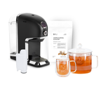 BRU Vital-Set: BRU Maker One Teemaschine in Schwarz Chrome mit einer Packung Ashwagandha Aufguss, Glaskrug, doppelwandiger Tasse und Wasserfilter