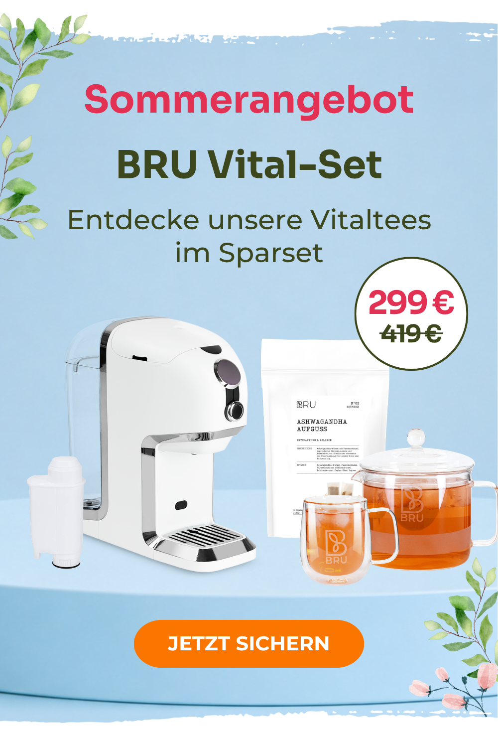 BRU Vital-Set mit Teemaschine, Vitaltee und Glastasse im Sparset