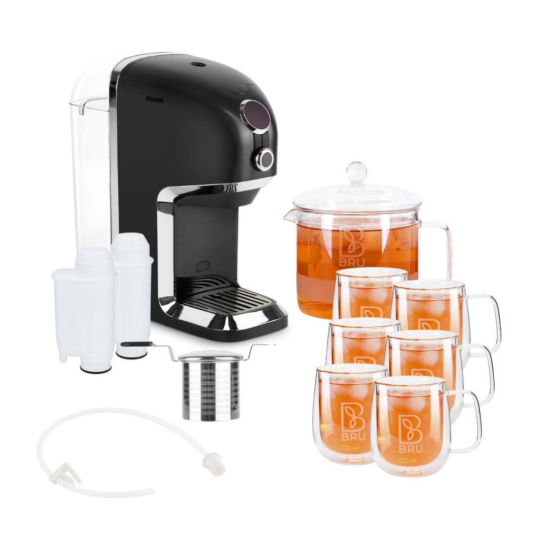 BRU Familien-Set: BRU Maker One Teemaschine in Schwarz Chrome mit Glaskrug, sechs doppelwandigen Tassen, zwei Wasserfiltern und Teesieb aus Edelstahl